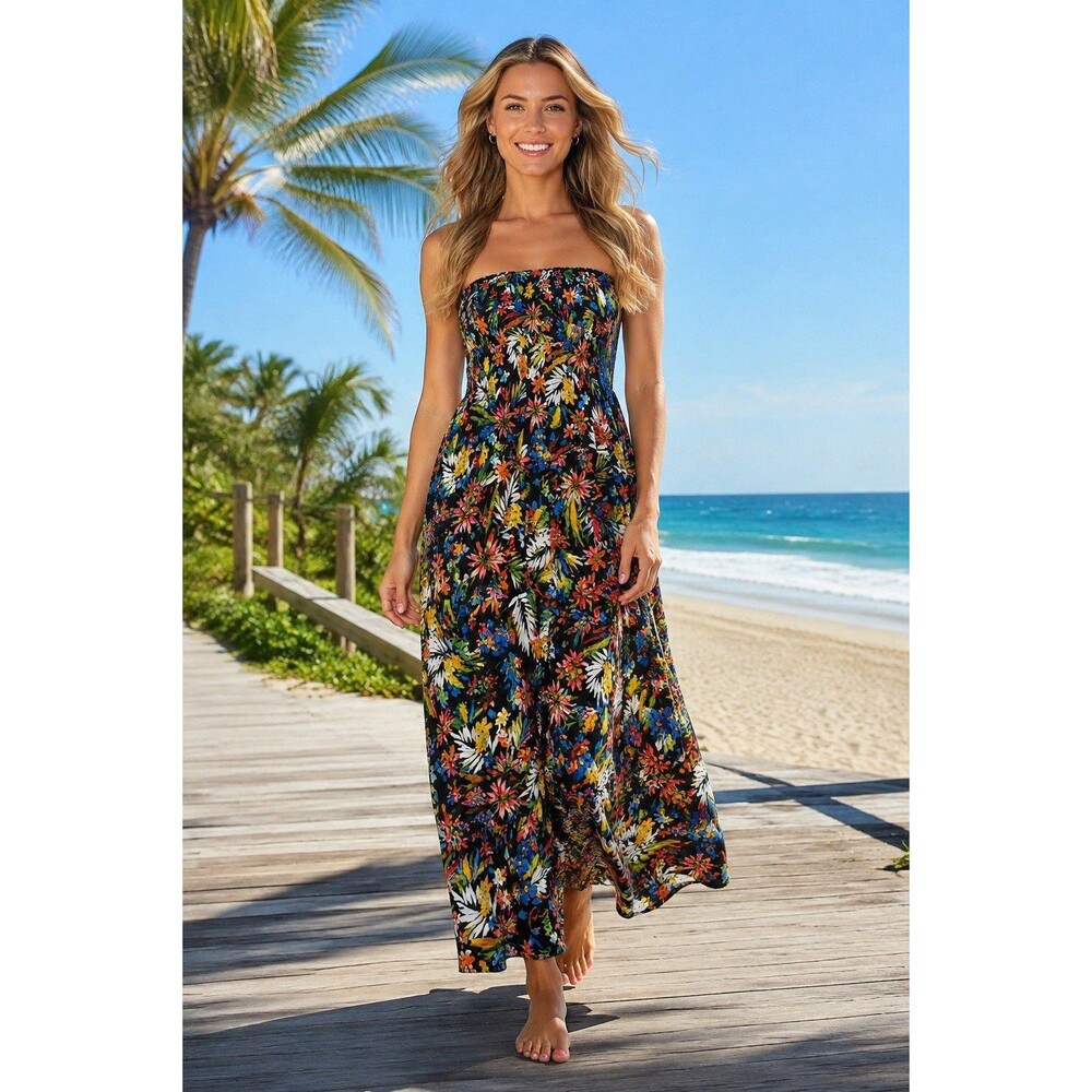 Women’s 2X Tropical Floral Strapless Smocked Maxi Tube Dress Black Multicolor